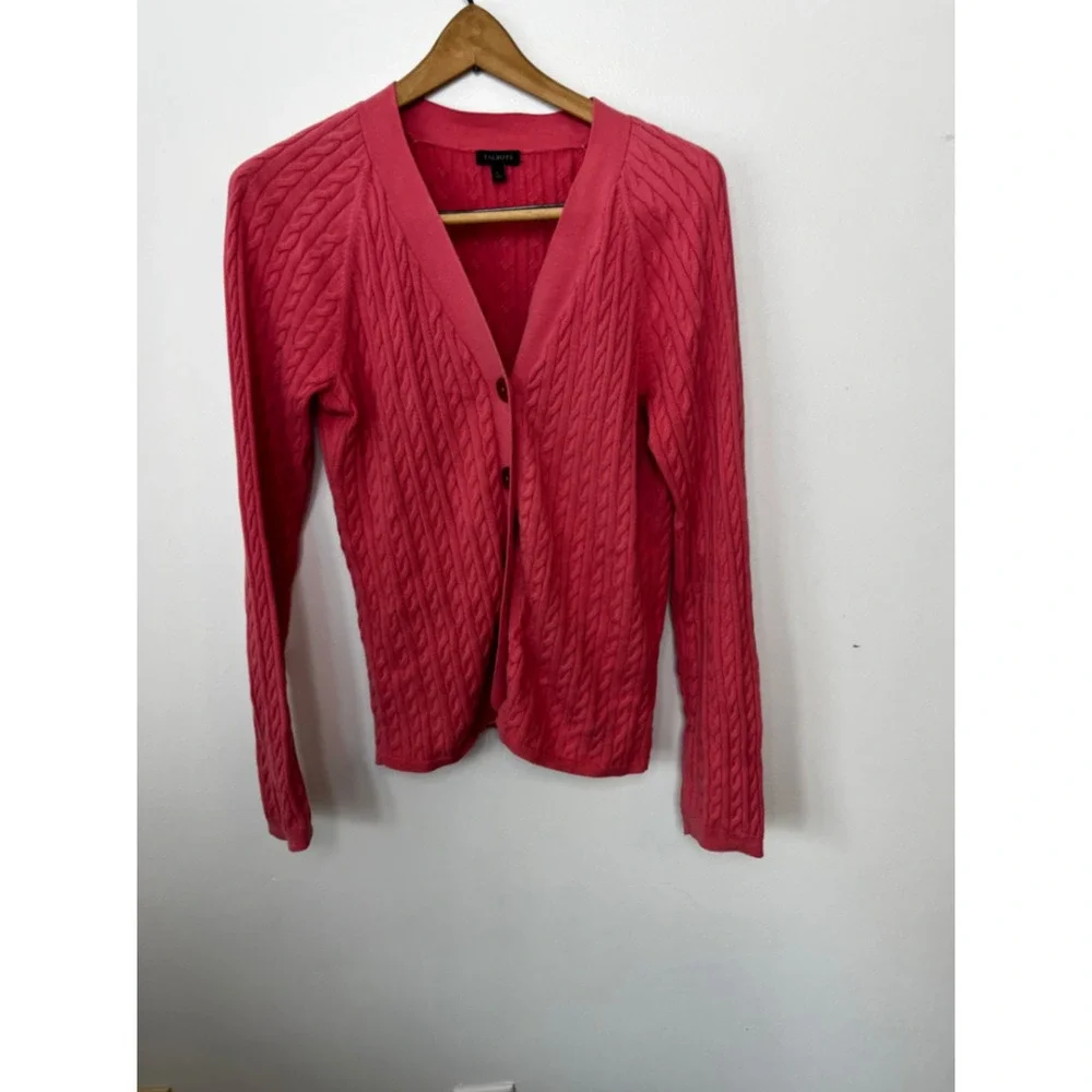 Talbots Womens Coral Pink Cable Knit‎ Cotton V-Neck Button Front Cardigan Size L